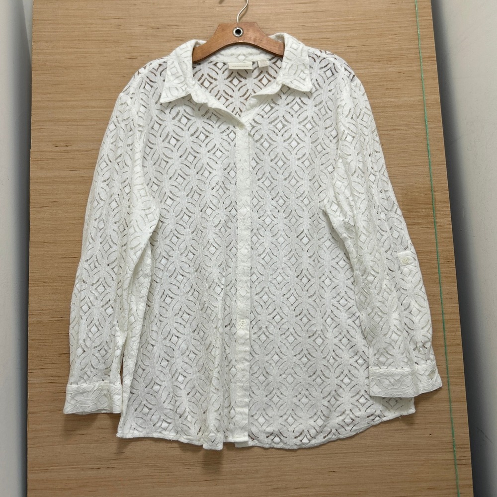 Chico's White Geometric Eyelet Lace Button Front Blouse Size 3 XL Long Sleeve